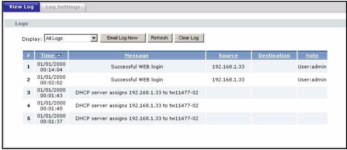 ZYXEL P-2302HWUDL-P1 - View Log Screen - 1