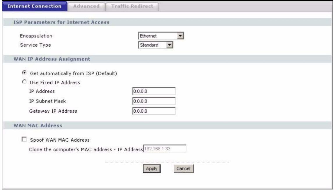 ZYXEL P-2302HWUDL-P1 - WAN Internet Connection Screen (Ethernet) - 1