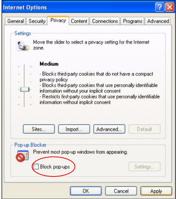 ZYXEL P-2302HWUDL-P1 - Disable pop-up Blockers - 2