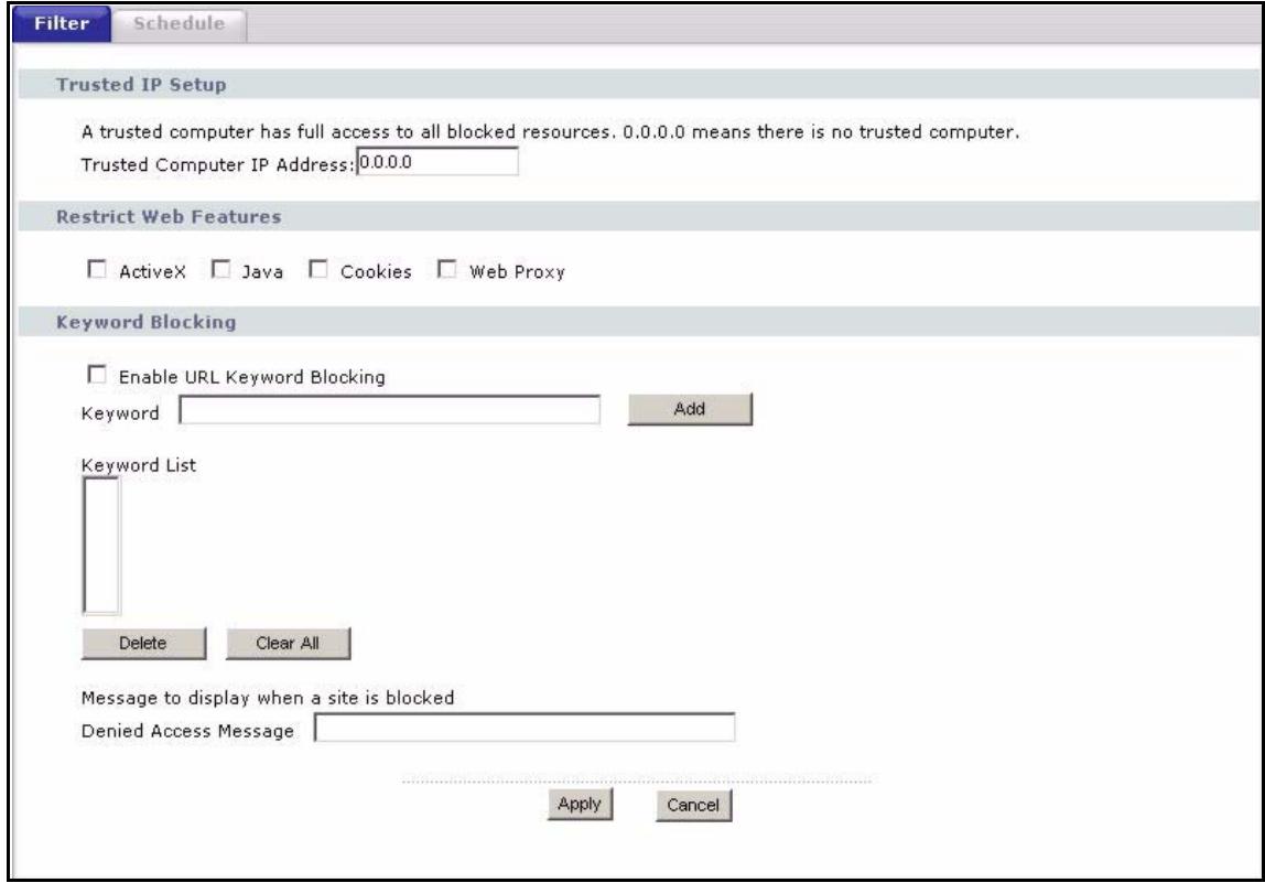 ZYXEL P-2302HWUDL-P1 - Content Filter Screen - 1