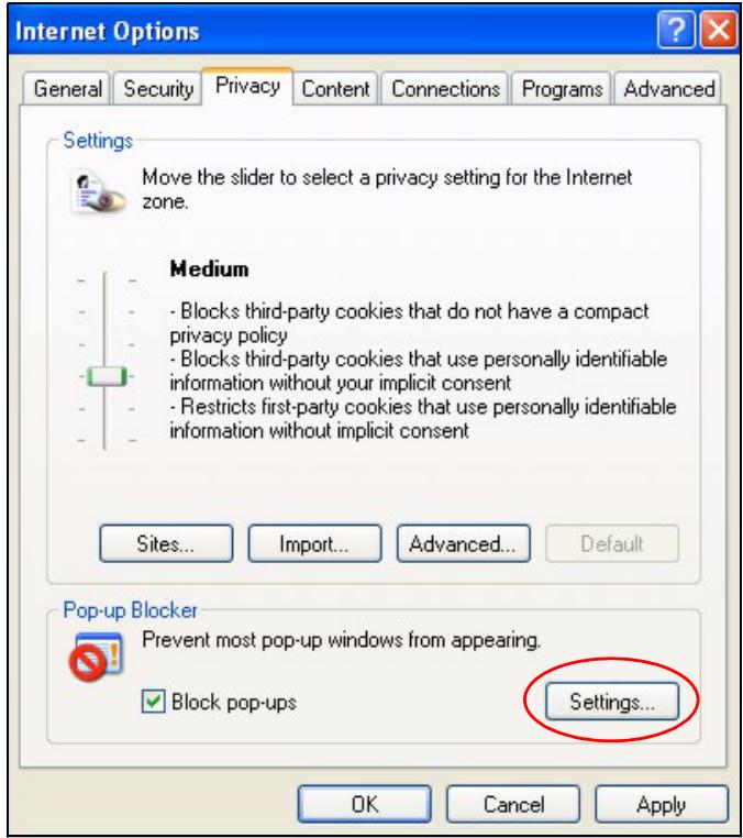 ZYXEL P-2302HWUDL-P1 - Enable pop-up Blockers with Exceptions - 1