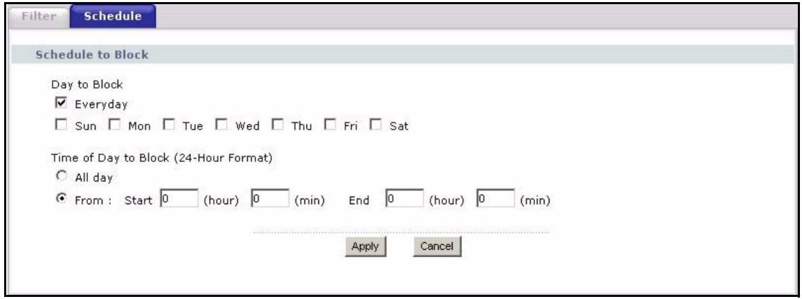 ZYXEL P-2302HWUDL-P1 - Content Filter Schedule Screen - 1