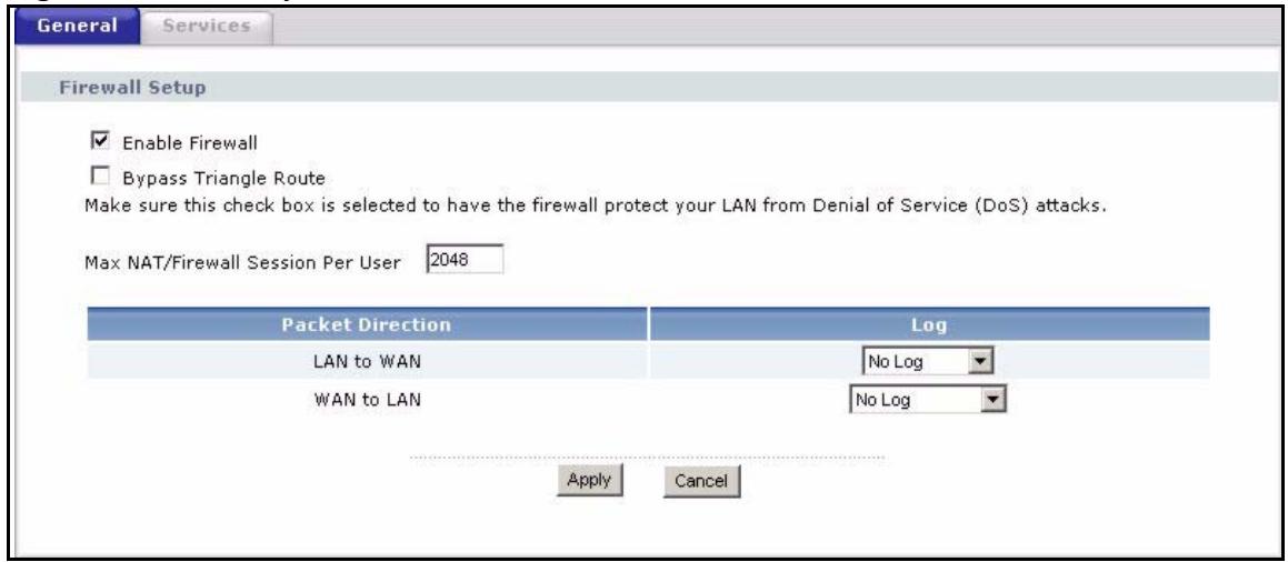 ZYXEL P-2302HWUDL-P1 - General Firewall Screen - 1