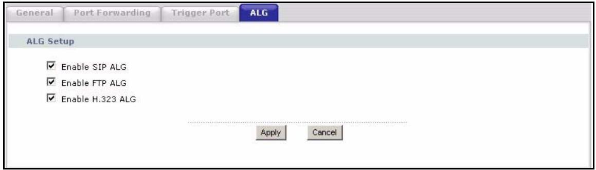 ZYXEL P-2302HWUDL-P1 - NAT ALG Screen - 1