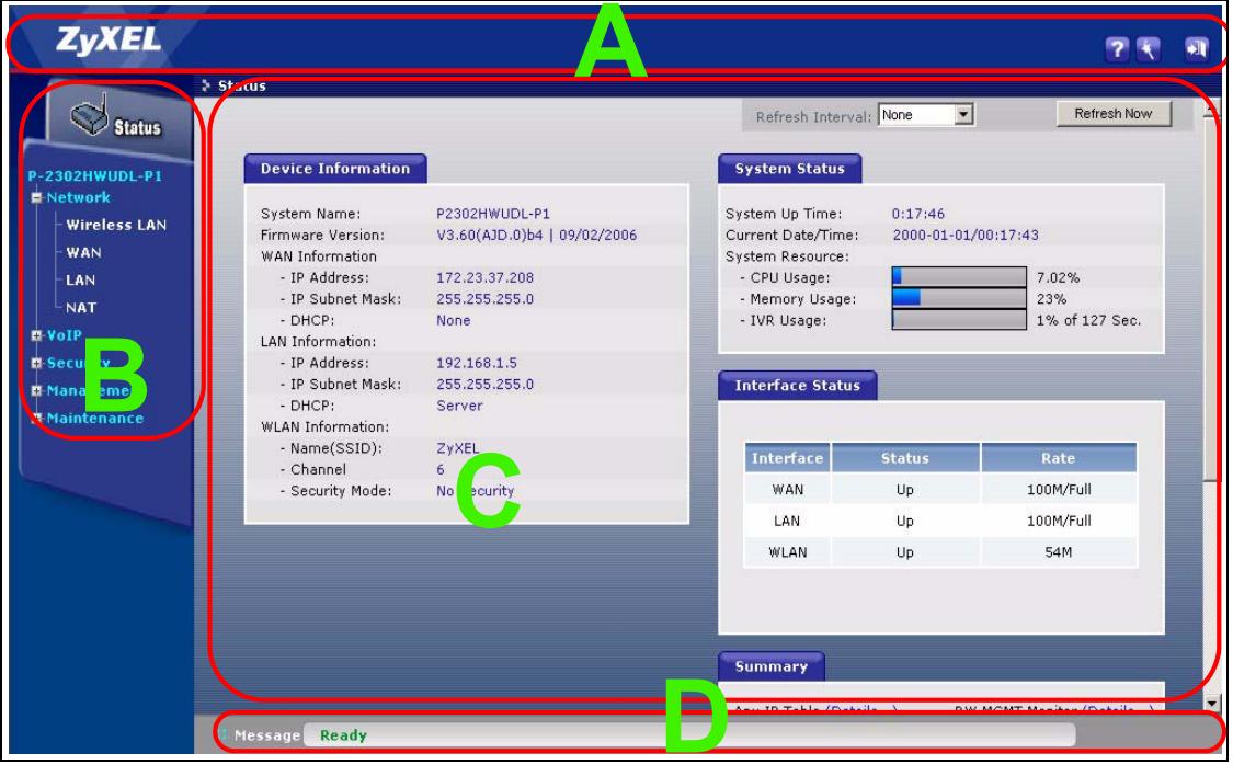 ZYXEL P-2302HWUDL-P1 - Web Configurator Main Screen - 1