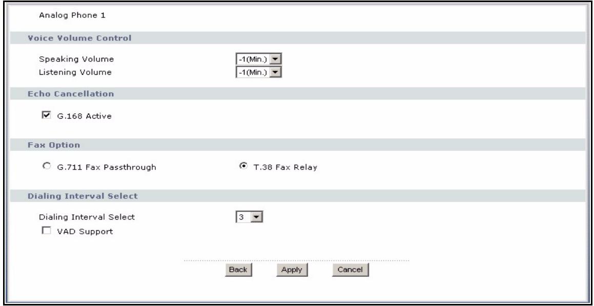 ZYXEL P-2302HWUDL-P1 - Advanced Analog Phone Setup Screen - 1
