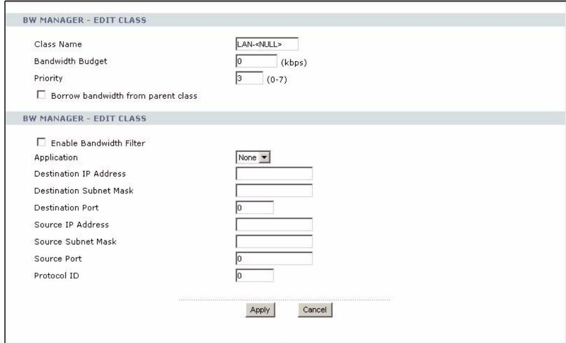 ZYXEL P-2302HWUDL-P1 - Bandwidth Class Edit Screen - 2