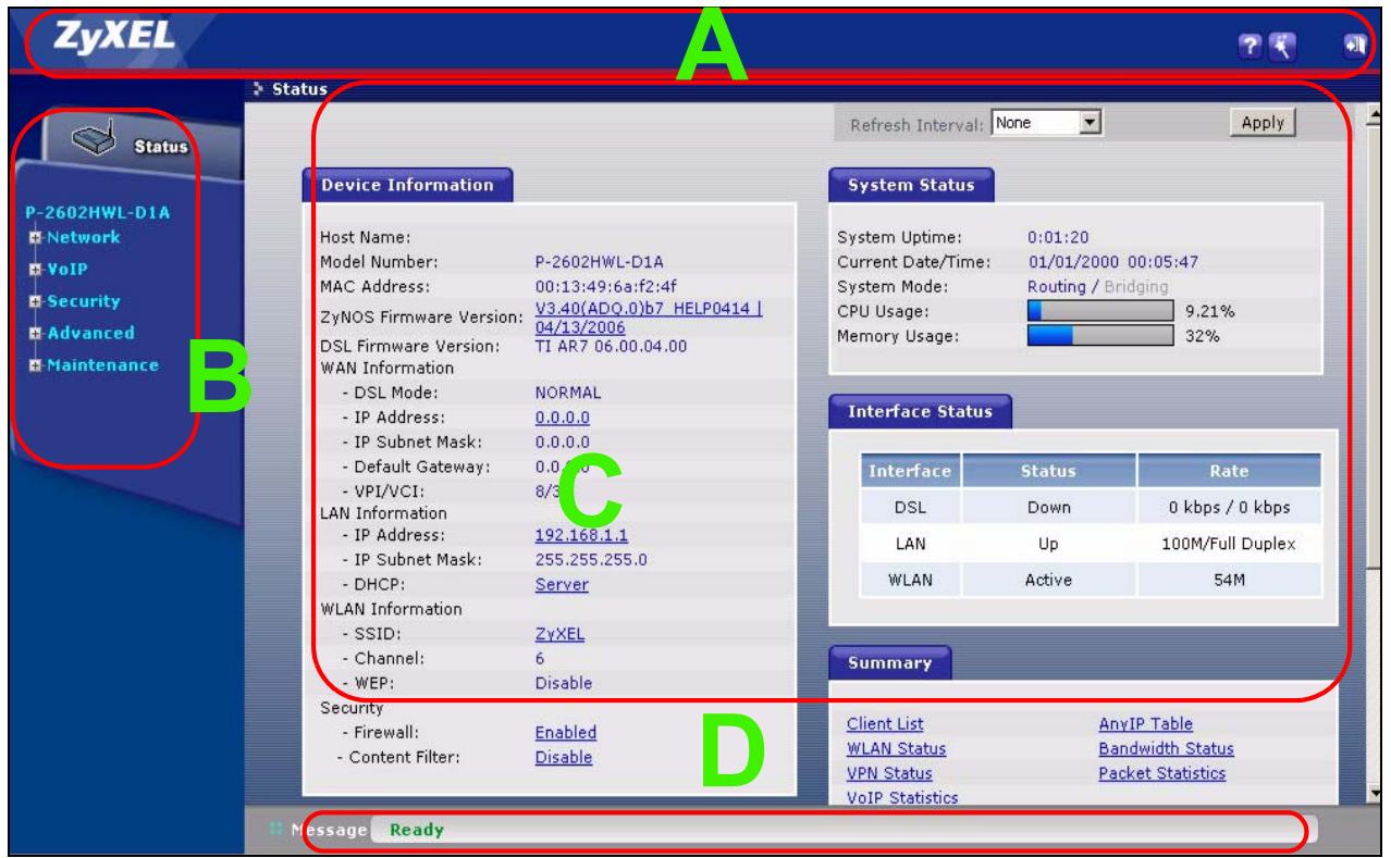 ZYXEL P-2602HWL-D7A - Web Configurator Main Screen - 1