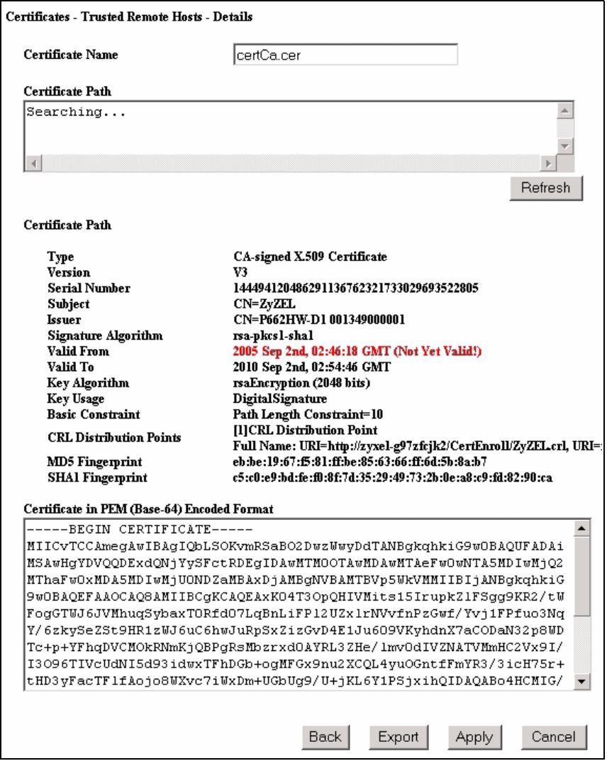 ZYXEL P-660HN - Trusted Remote Host Certificate Details - 1