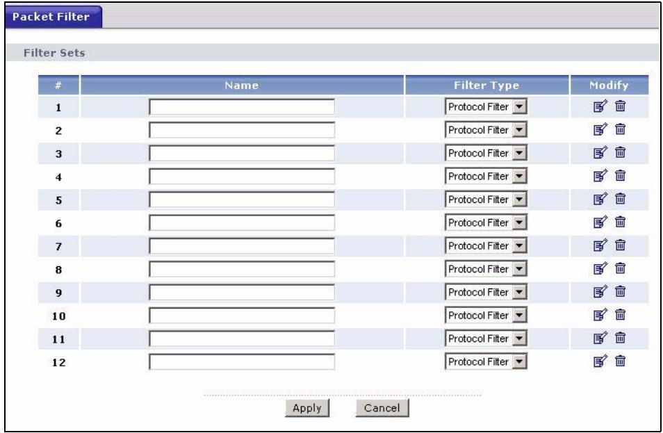 ZYXEL P-660HN - The Packet Filter Screen - 1