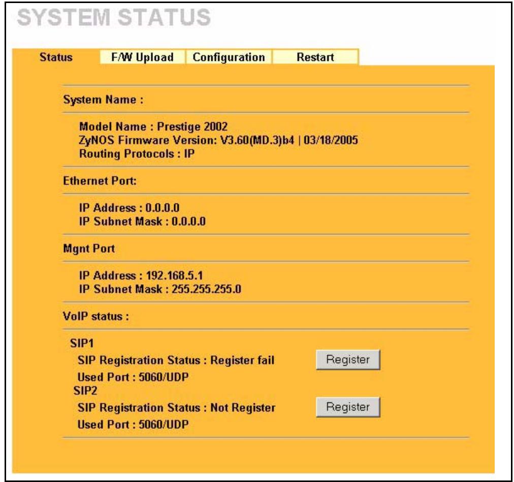 ZYXEL PRESTIGE 2002 - Status Screen - 1