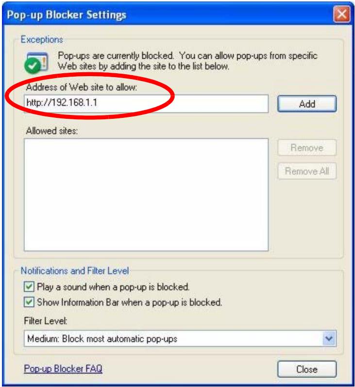 ZYXEL PRESTIGE 2602R - Enable pop-up Blockers with Exceptions - 2