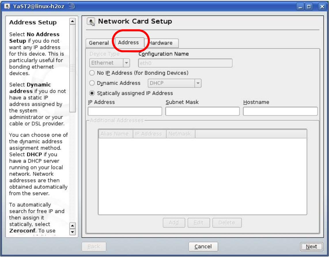 ZYXEL V-630 - When the Network Card Setup window opens, click the Address tab - 1