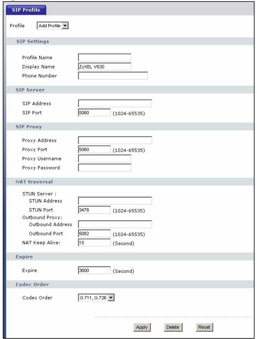 ZYXEL V-630 - SIP Settings Screen - 1