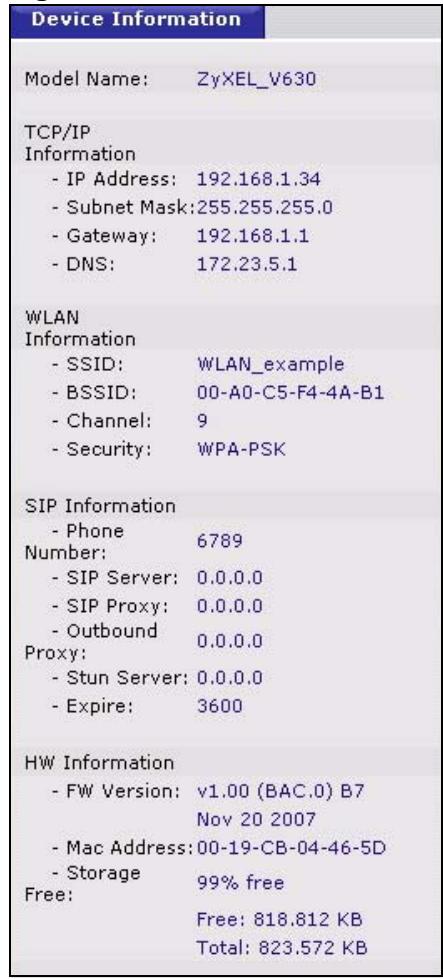 ZYXEL V-630 - Information Screen - 1