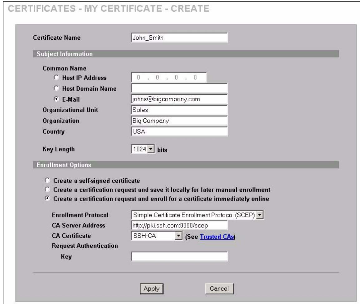 ZYXEL ZYWALL 2 WG - My Certificate Create - 1