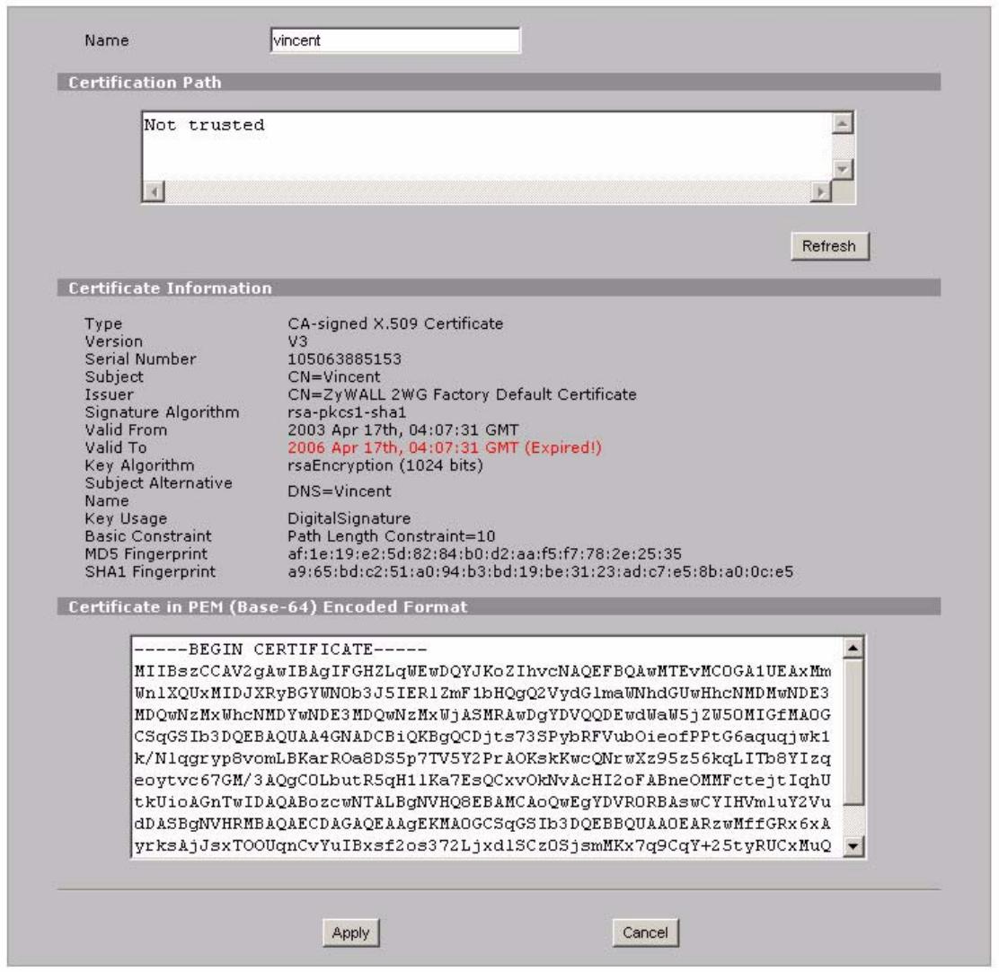 ZYXEL ZYWALL 2 WG - Trusted Remote Host Certificate Details - 1