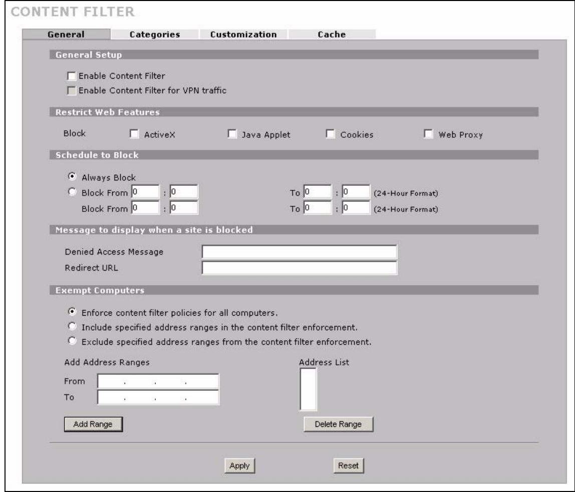ZYXEL ZYWALL 2 WG - Content Filter General Screen - 1