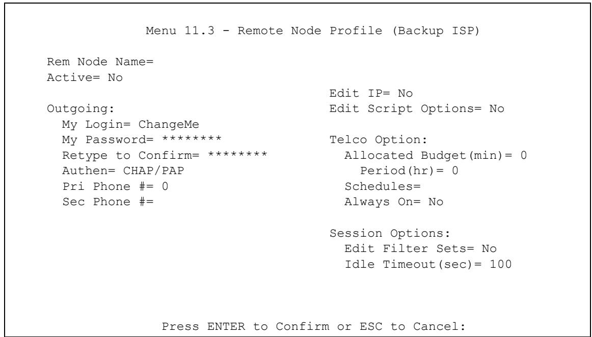 ZYXEL ZYWALL 2 WG - Remote Node Profile (Backup ISP) - 1