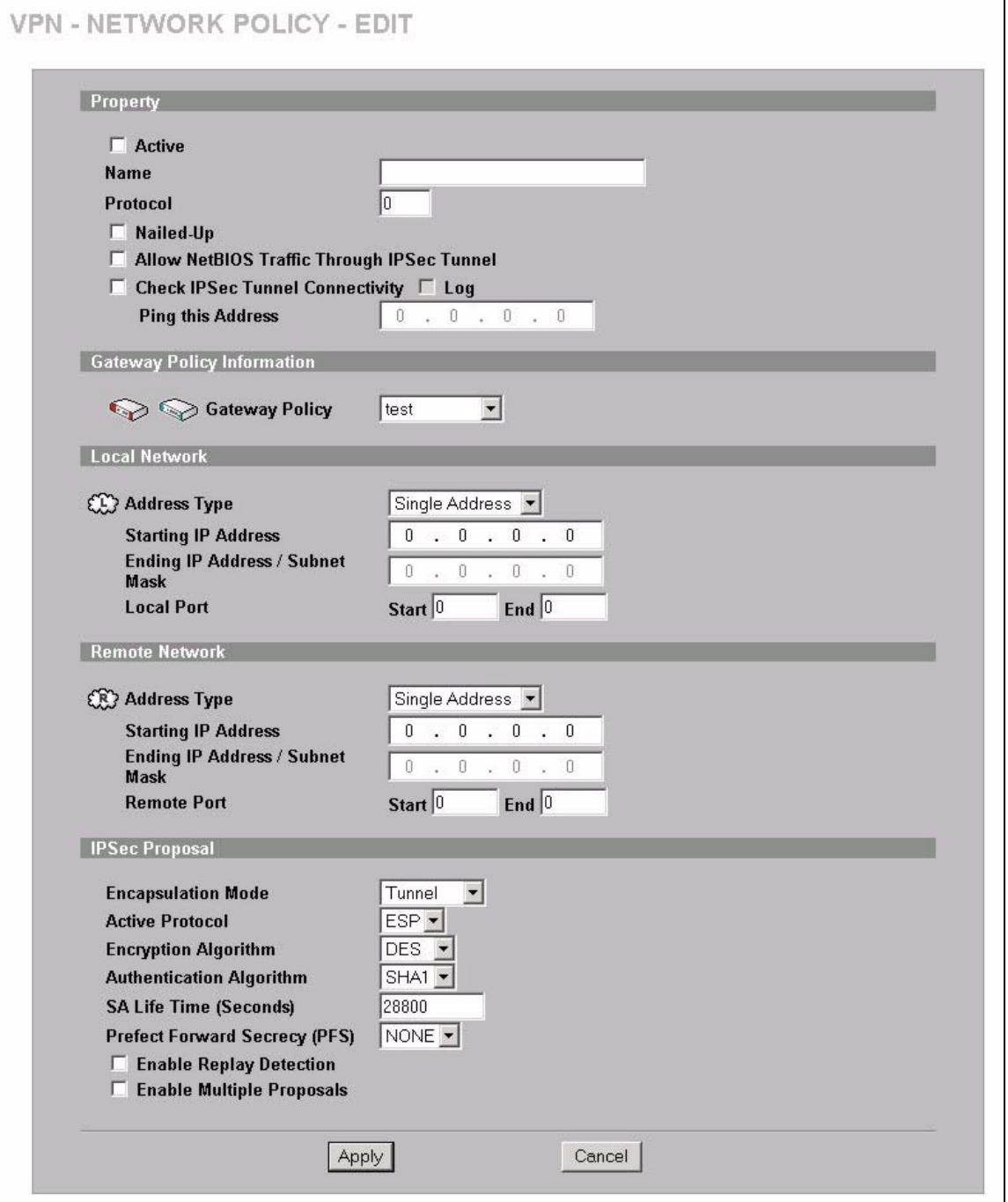 ZYXEL ZYWALL 2 WG - VPN Rules (IKE): Network Policy Edit - 1