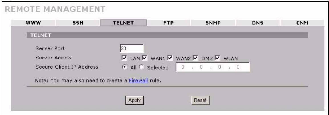ZYXEL ZYWALL 2 WG - Configuring TELNET - 2