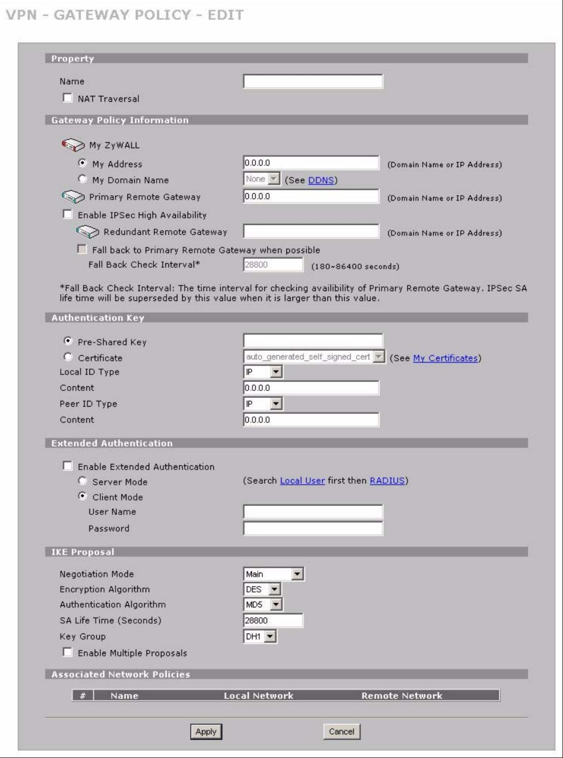 ZYXEL ZYWALL 2 WG - VPN Rules (IKE) Gateway Policy Edit - 1