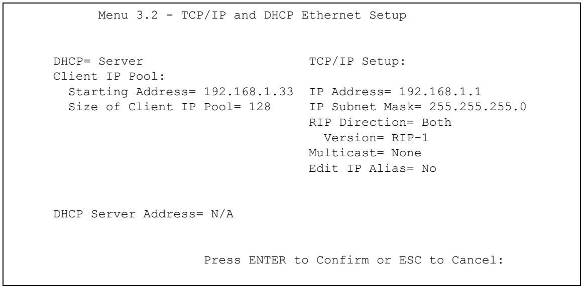 ZYXEL ZYWALL 2 WG - TCP/IP and DHCP Ethernet Setup Menu - 1