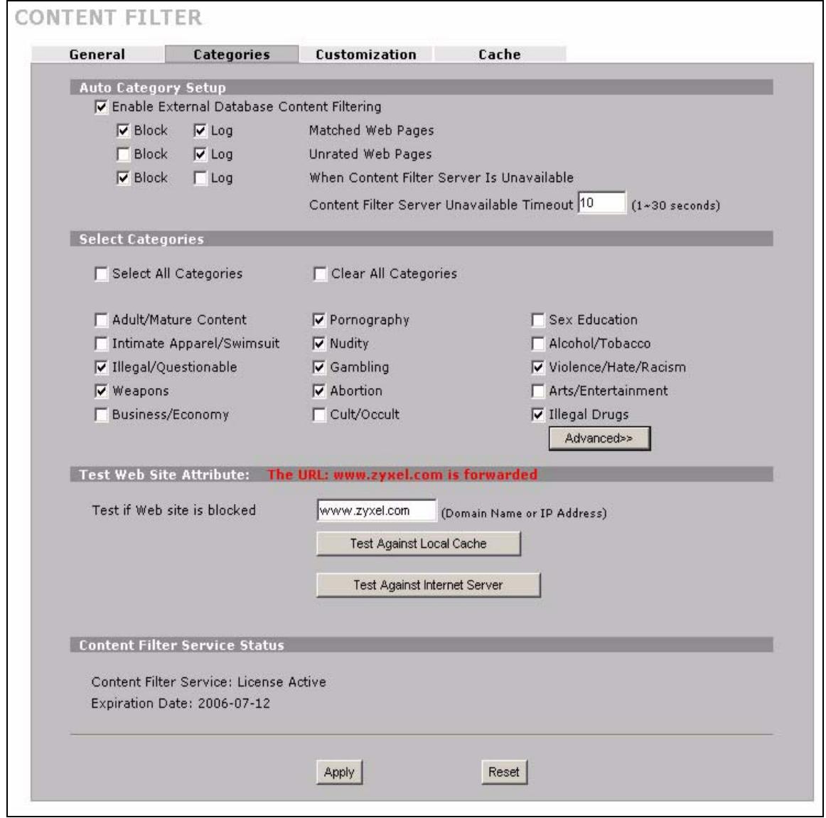 ZYXEL ZYWALL 2 WG - Content Filter Categories - 1