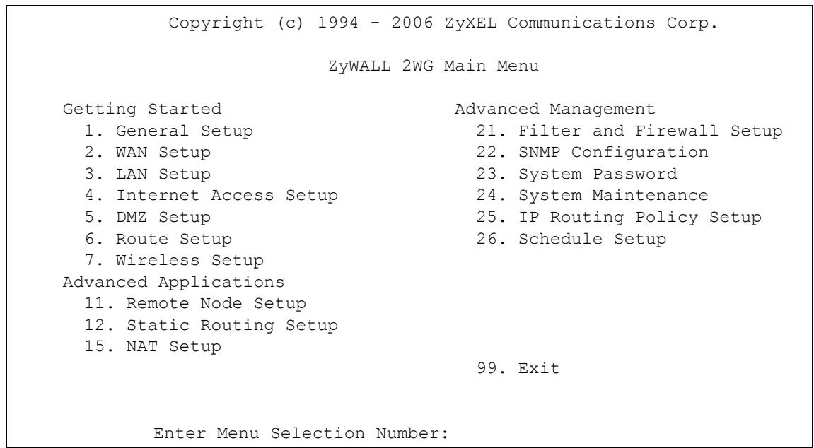 ZYXEL ZYWALL 2 WG - Main Menu - 1