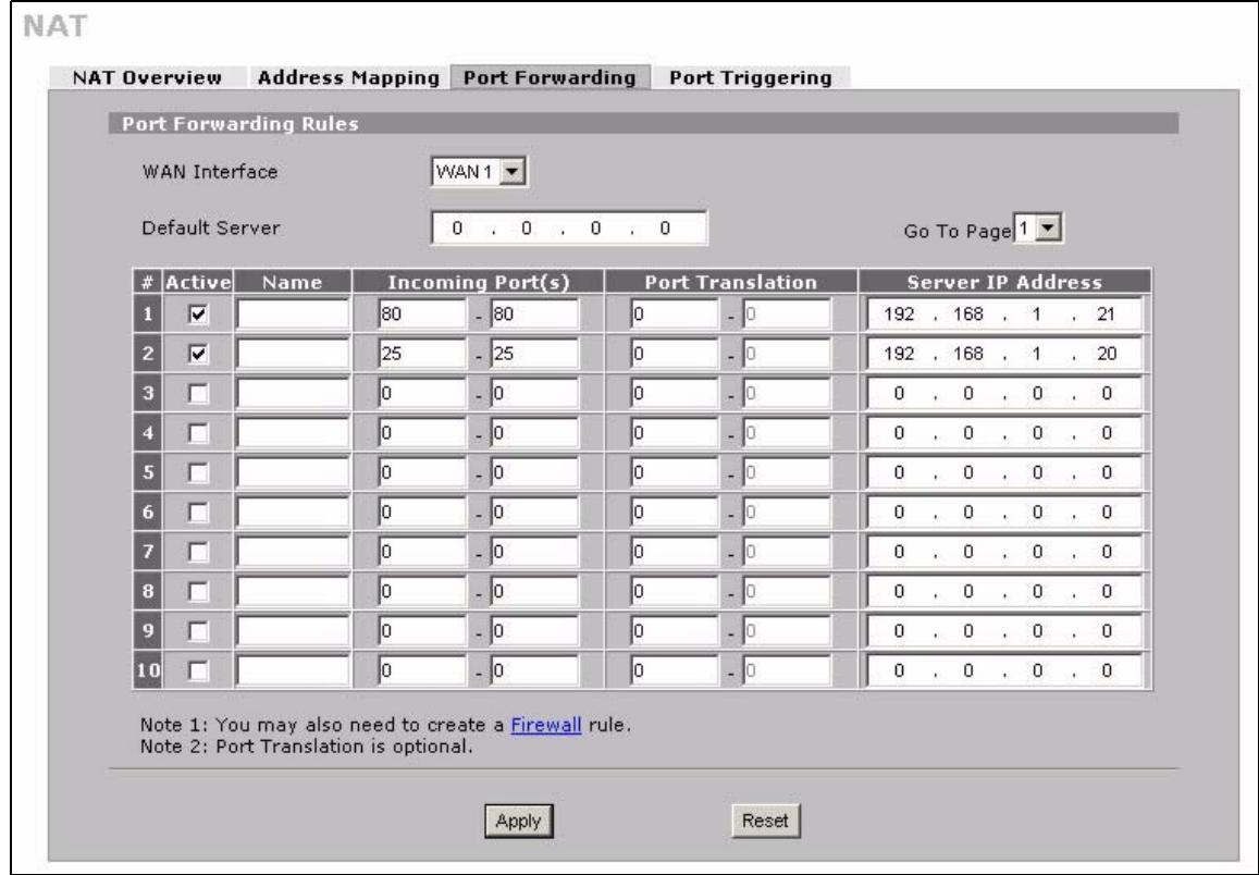 ZYXEL ZYWALL 2 WG - Port Forwarding Screen - 3