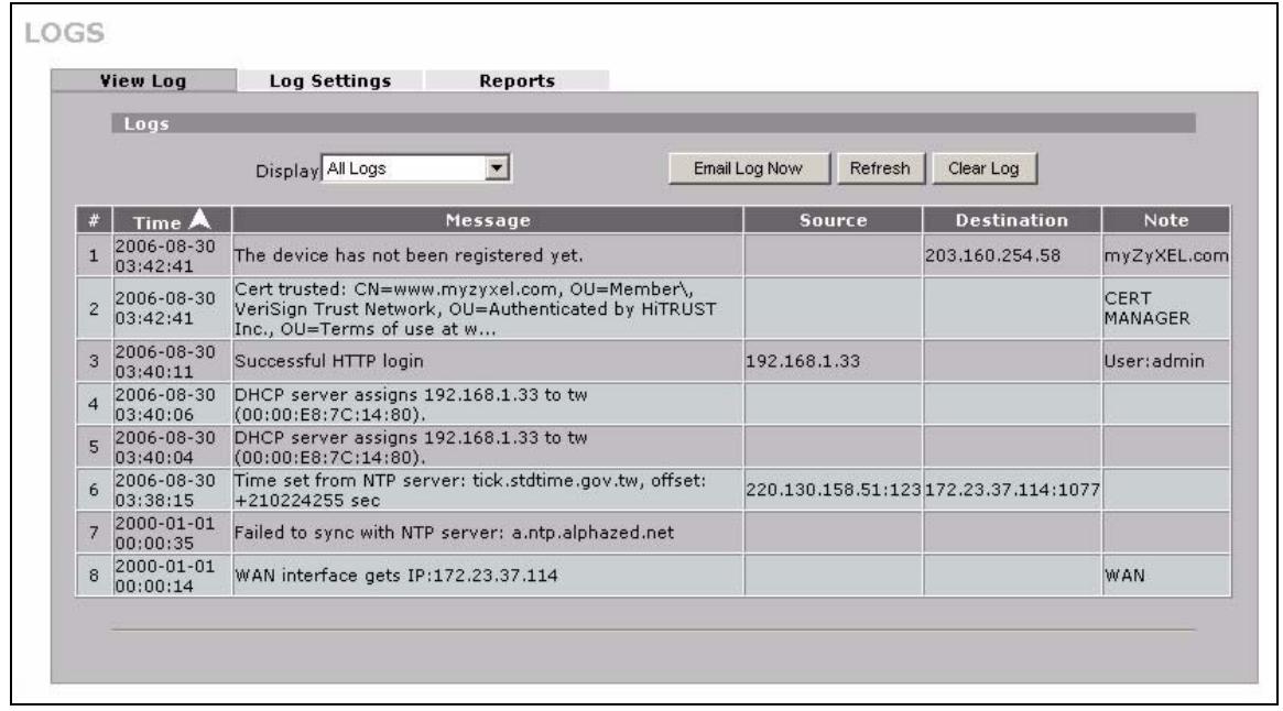 ZYXEL ZYWALL 2 WG - Configuring View Log - 1