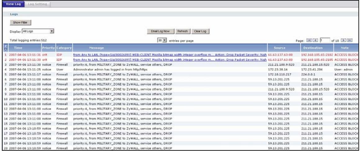 ZYXEL ZYWALL USG 1000 - View Log Screen - 1