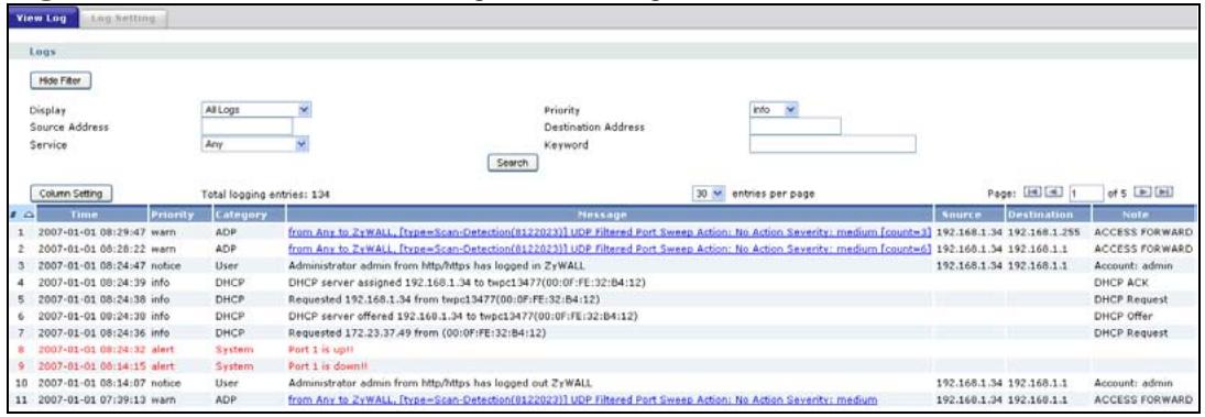 ZYXEL ZYWALL USG 2000 - View Log Screen - 1