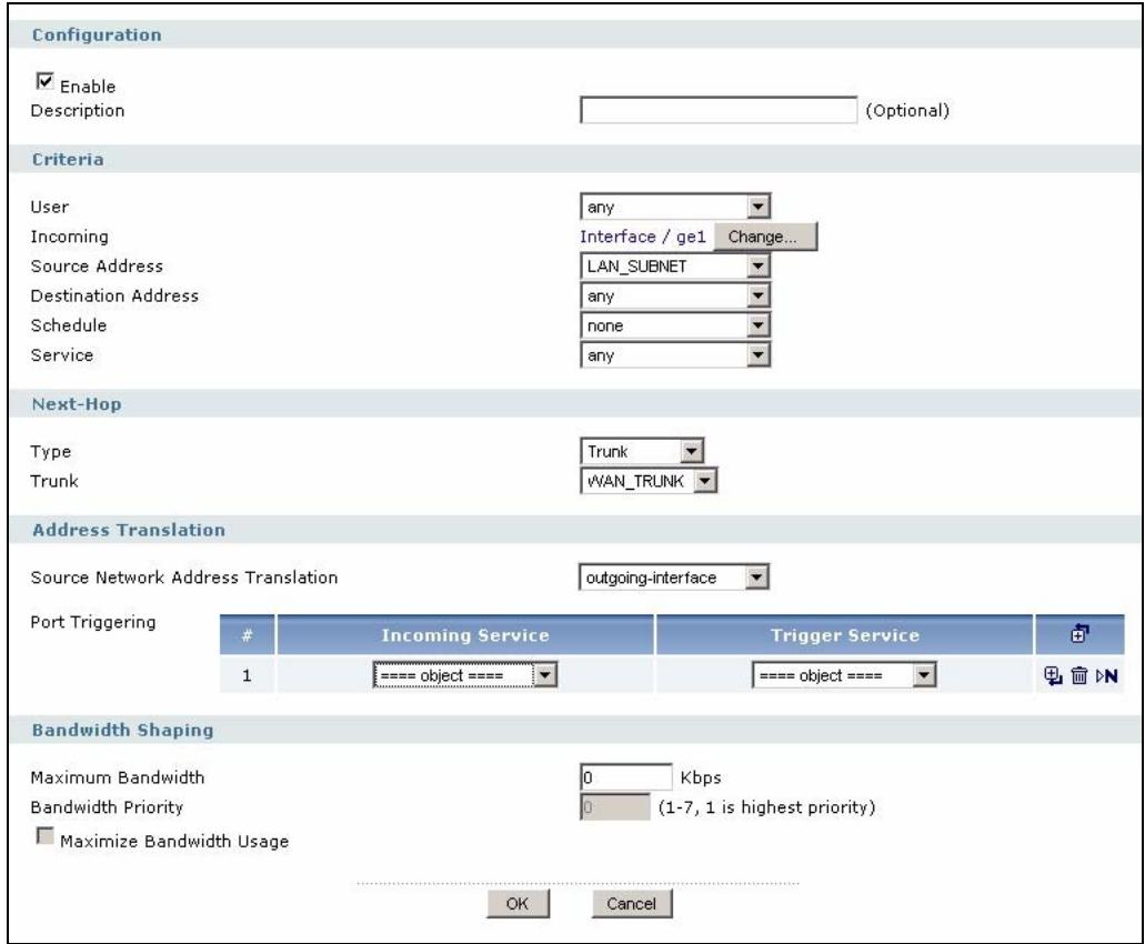 ZYXEL ZYWALL USG 2000 - Policy Route Edit Screen - 1