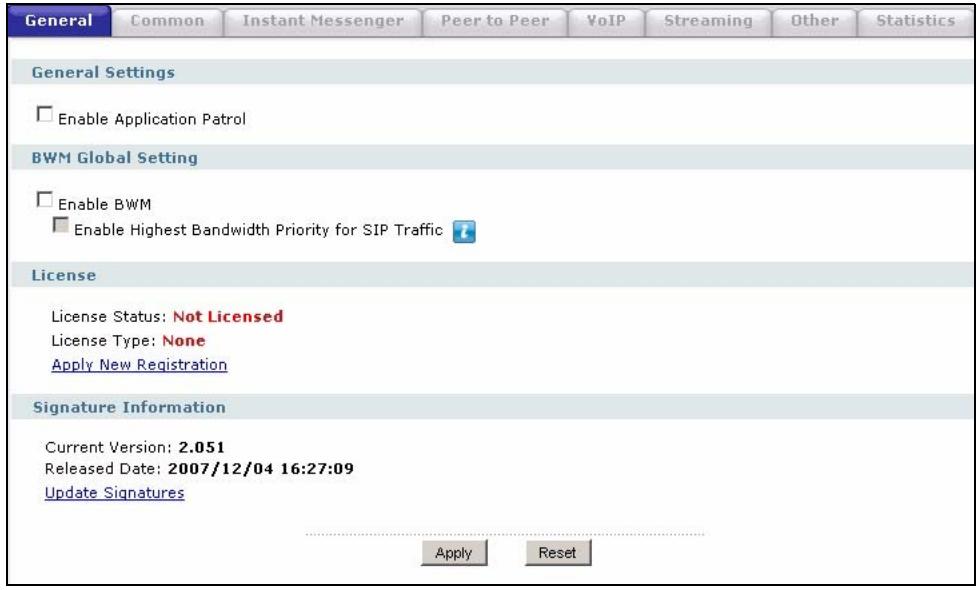 ZYXEL ZYWALL USG 2000 - Application Patrol General Screen - 1