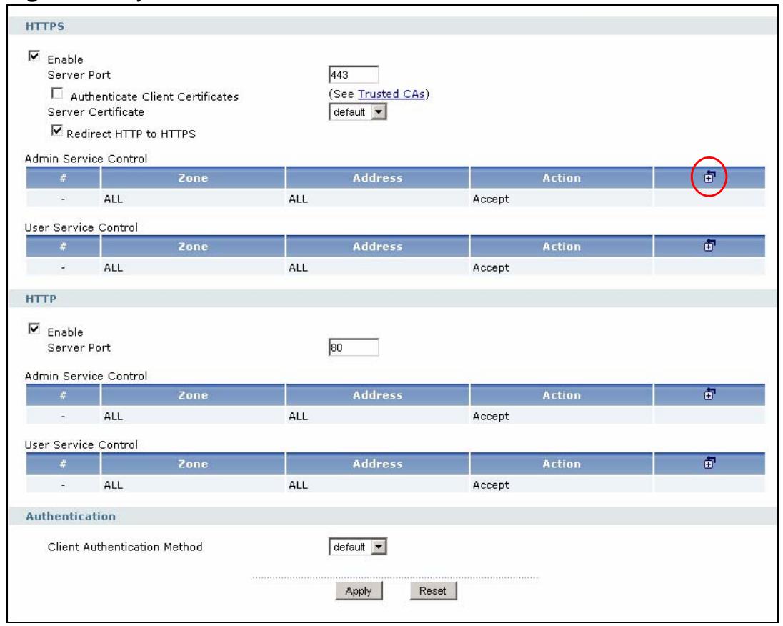 ZYXEL ZYWALL USG 2000 - In HTTPS Admin Service Control, click the Add icon. - 1