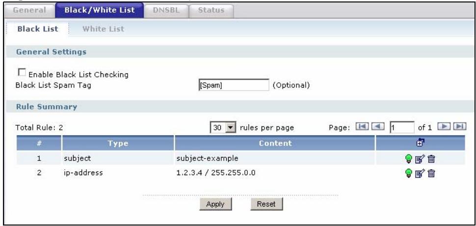 ZYXEL ZYWALL USG 2000 - The Anti-Spam Black List Screen - 1