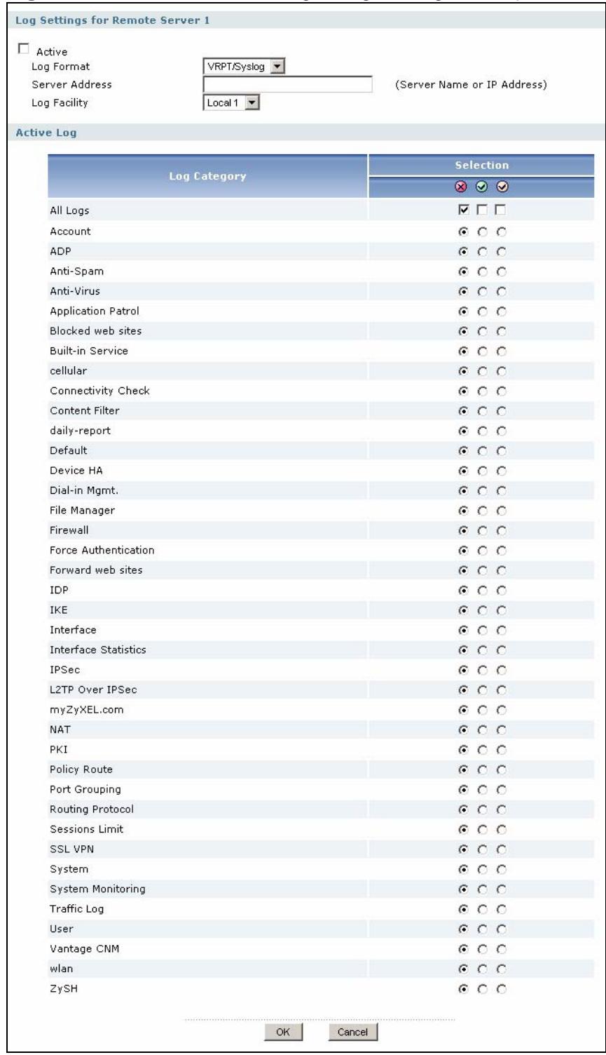 ZYXEL ZYWALL USG 2000 - Edit Remote Server Log Settings - 1