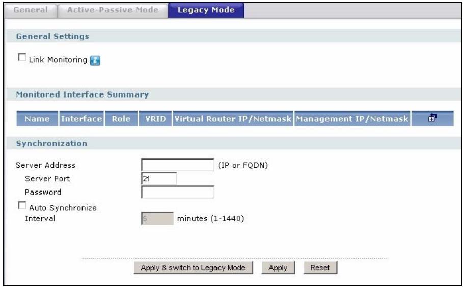 ZYXEL ZYWALL USG 2000 - Configuring the Legacy Mode Screen - 1