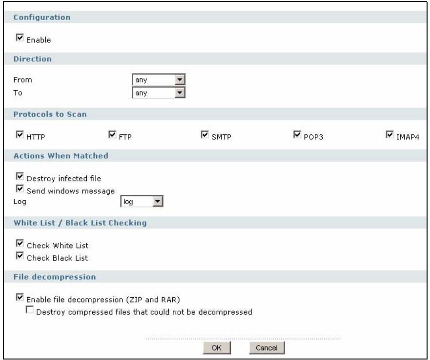 ZYXEL ZYWALL USG 2000 - Anti-Virus Policy Add or Edit Screen - 1
