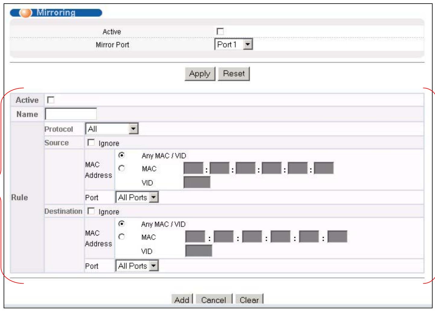ZYXEL ES-3024 - Configuring a Mirroring Rule - 1