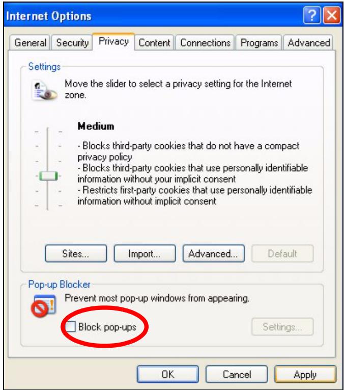ZYXEL G-570S - Disable pop-up Blockers - 2