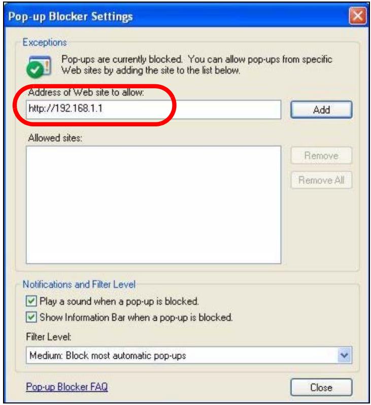 ZYXEL G-570S - Enable pop-up Blockers with Exceptions - 2