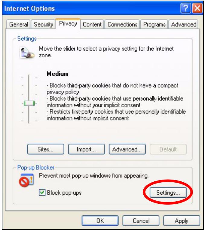 ZYXEL G-570S - Enable pop-up Blockers with Exceptions - 1