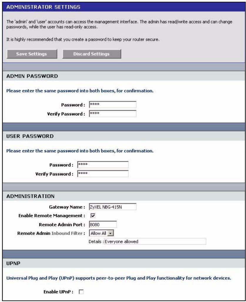 ZYXEL NBG-415 - The Admin Screen - 1
