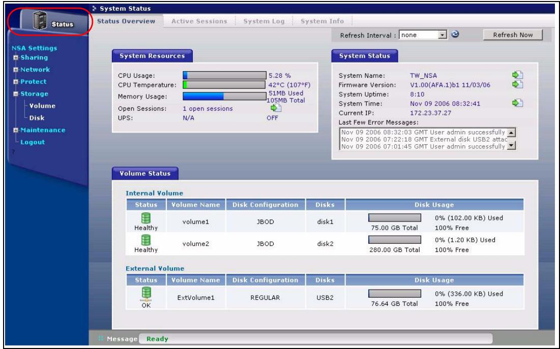ZYXEL NSA-2400-1T - Status Overview Screen - 1