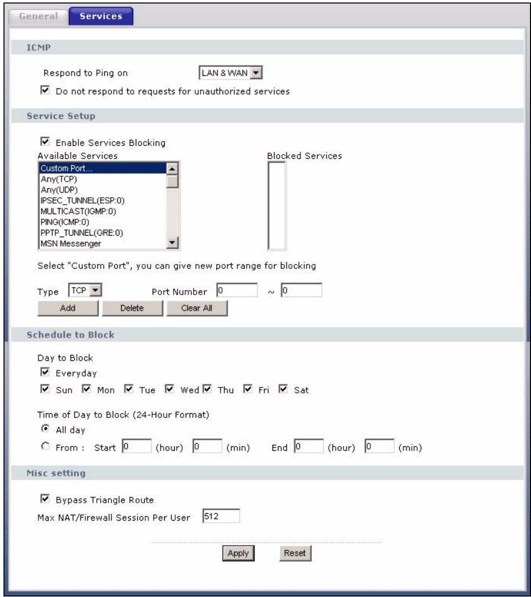 ZYXEL P-334U - Services Screen - 1