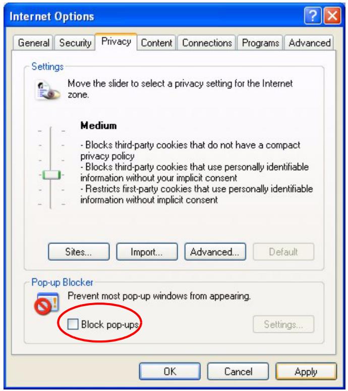 ZYXEL P-334U - Disable pop-up Blockers - 2
