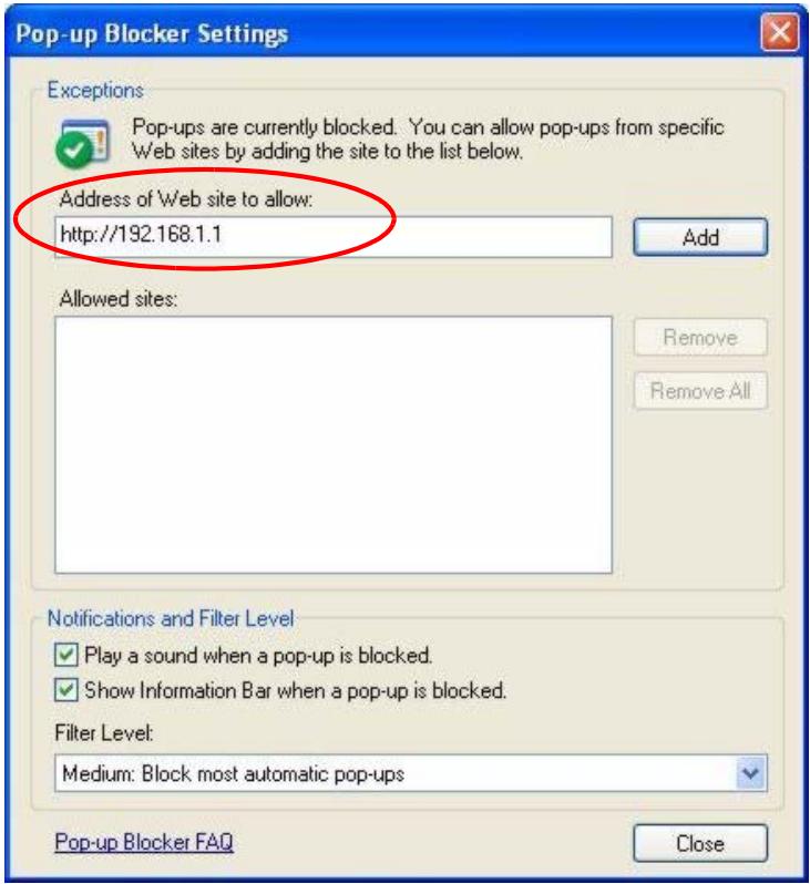 ZYXEL P-334U - Enable pop-up Blockers with Exceptions - 2