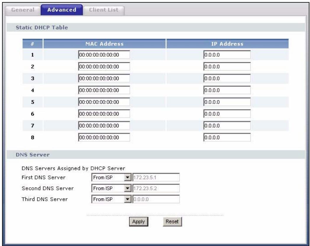 ZYXEL P-334U - DHCP Server Advanced Screen - 1